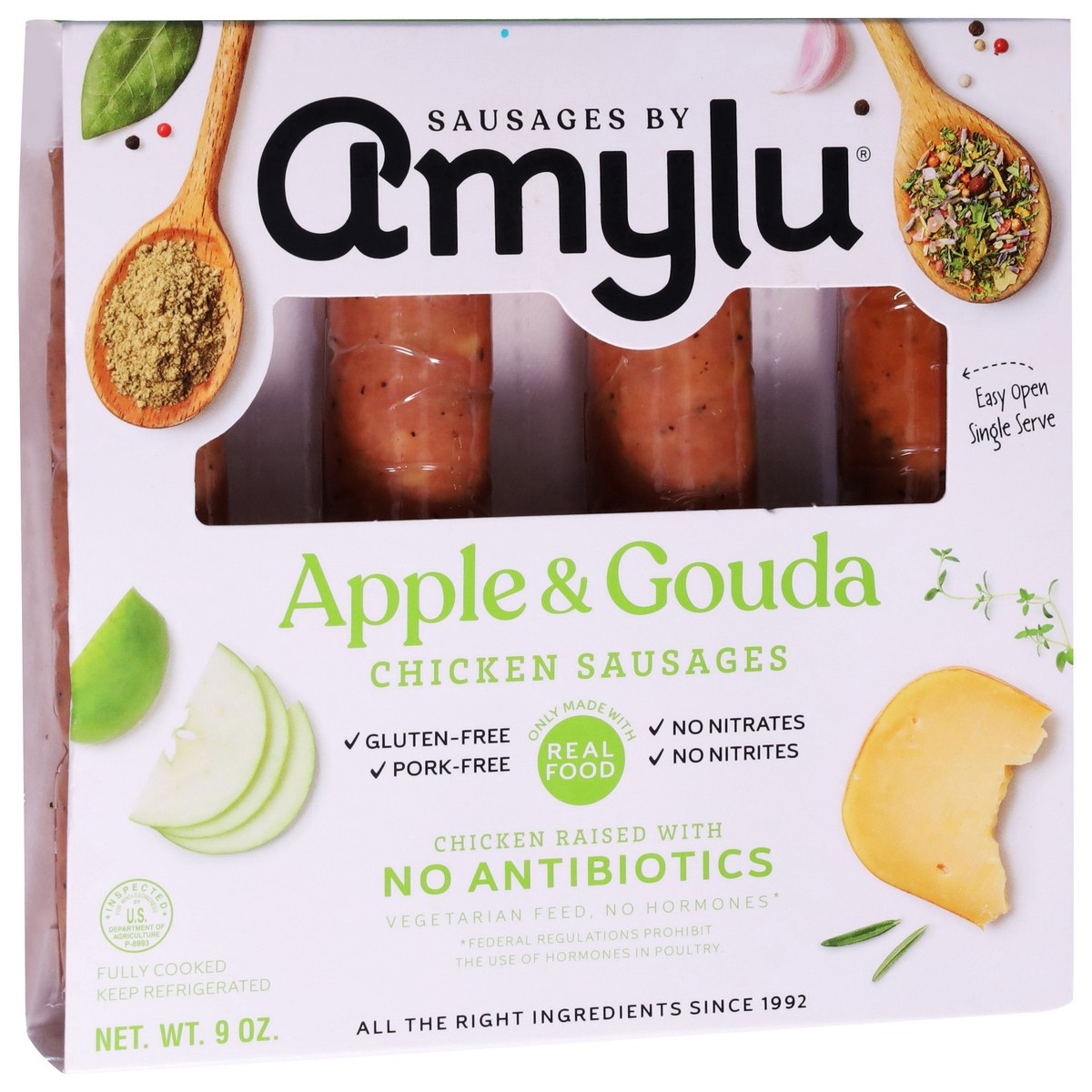 slide 4 of 9, Amylu Foods Apple & Gouda Chicken Sausages 9 oz, 9 oz