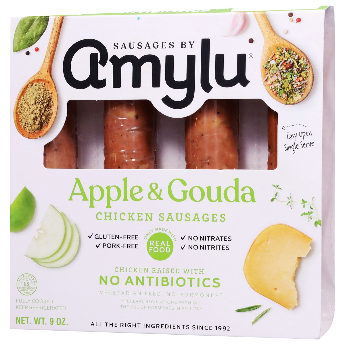 slide 6 of 9, Amylu Foods Apple & Gouda Chicken Sausages 9 oz, 9 oz