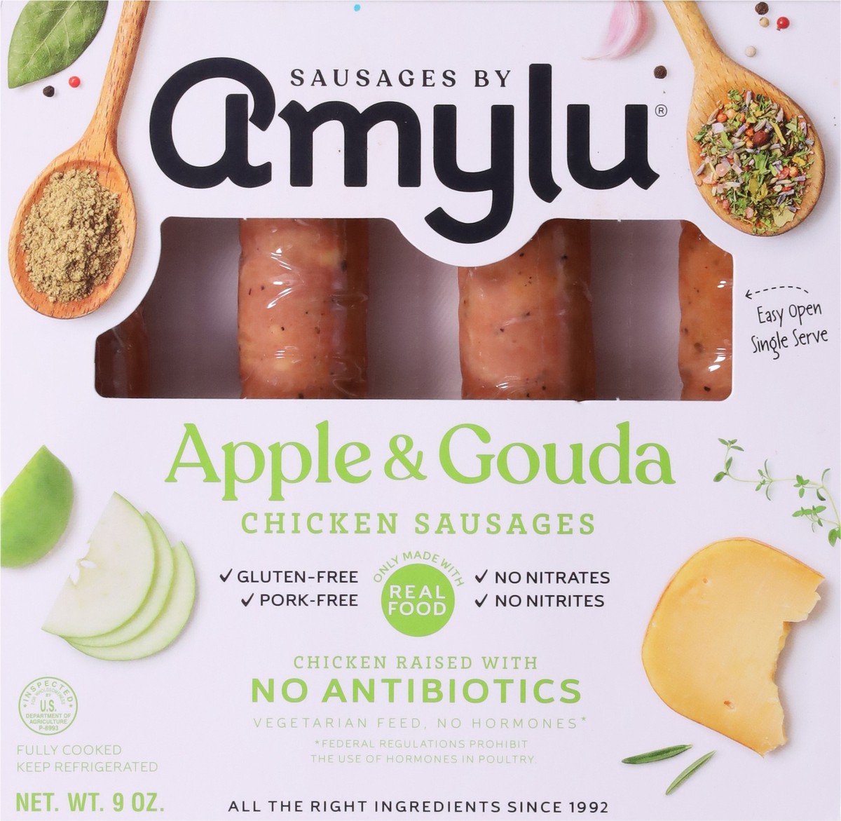 slide 5 of 9, Amylu Foods Apple & Gouda Chicken Sausages 9 oz, 9 oz