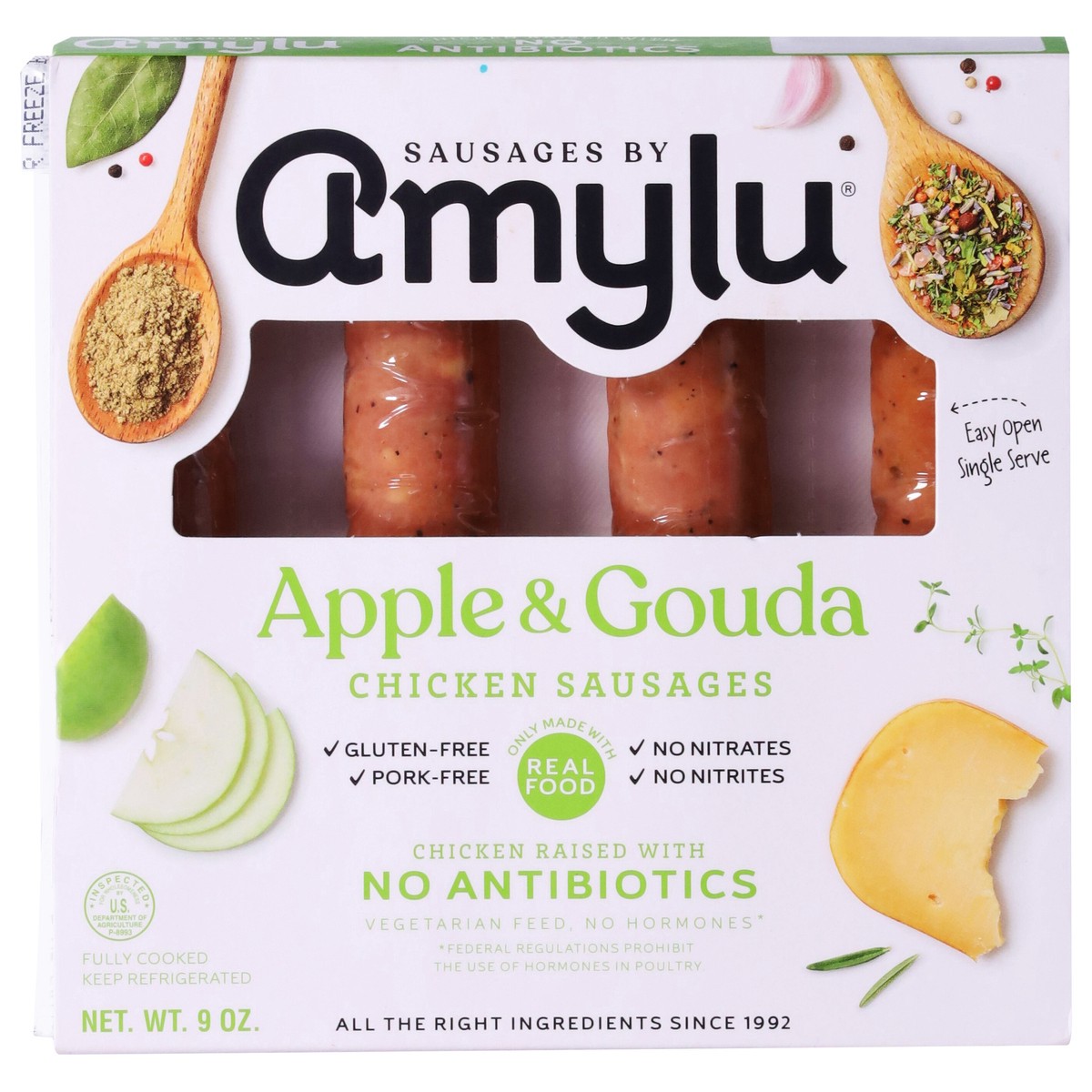 slide 1 of 9, Amylu Foods Apple & Gouda Chicken Sausages 9 oz, 9 oz