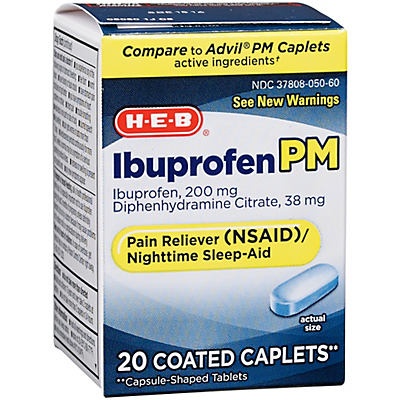 slide 1 of 1, H-E-B Ibuprofen PM Pain Reliever/Nighttime Sleep Aid Coated Caplets, 20 ct