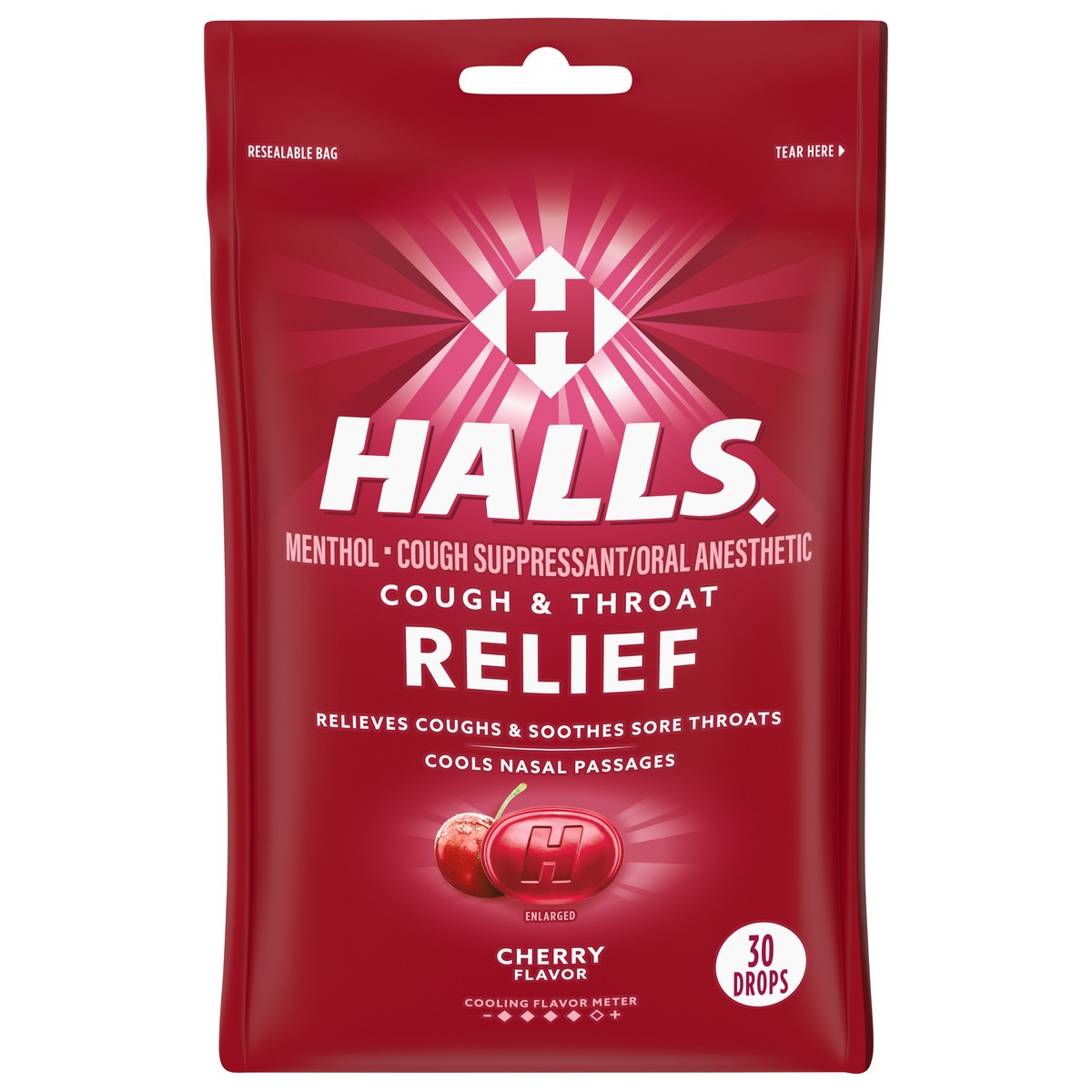 slide 1 of 14, HALLS Relief Cherry Cough Drops, 30 Drops, 3.28 oz