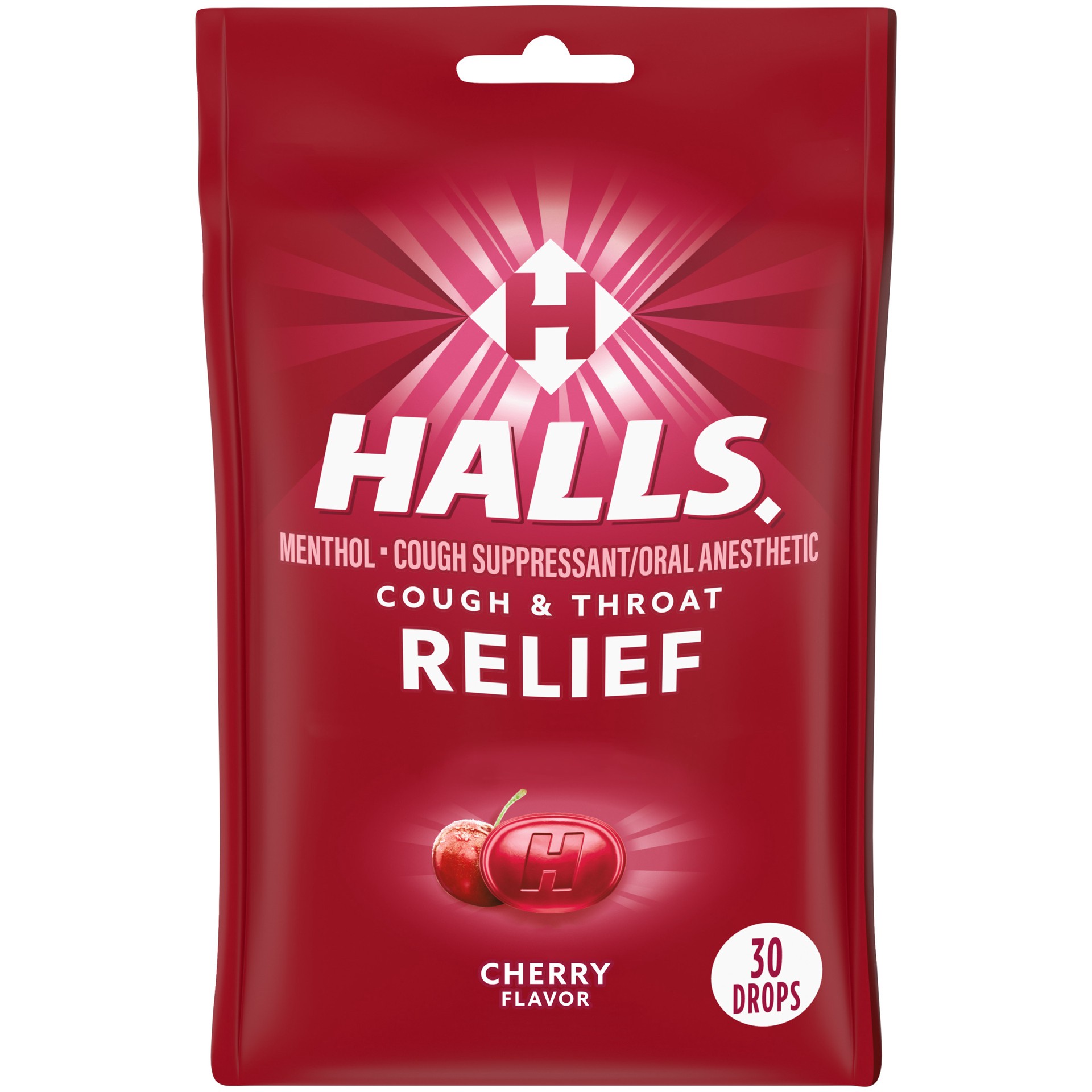 slide 1 of 14, HALLS Relief Cherry Cough Drops, 30 Drops, 3.28 oz