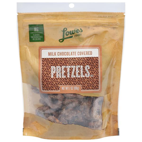 slide 1 of 1, Lowes Foods Milk Chocolate Covered Pretzels, 7 oz