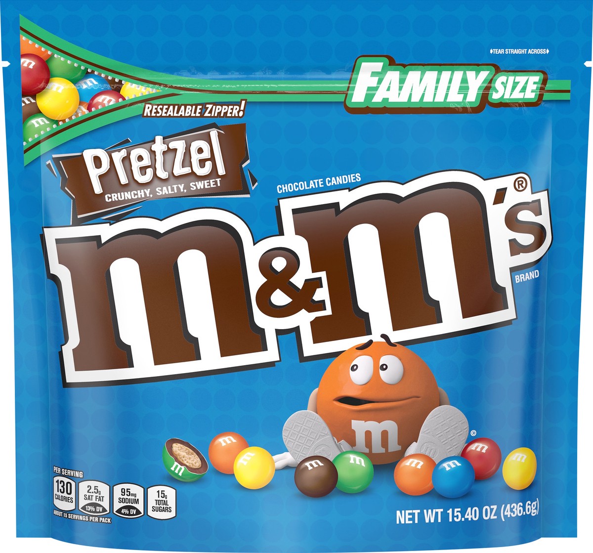 slide 4 of 6, M&M's Pretzel Milk Chocolate Candy, Family Size, 15.4 oz Bag, 15.4 oz