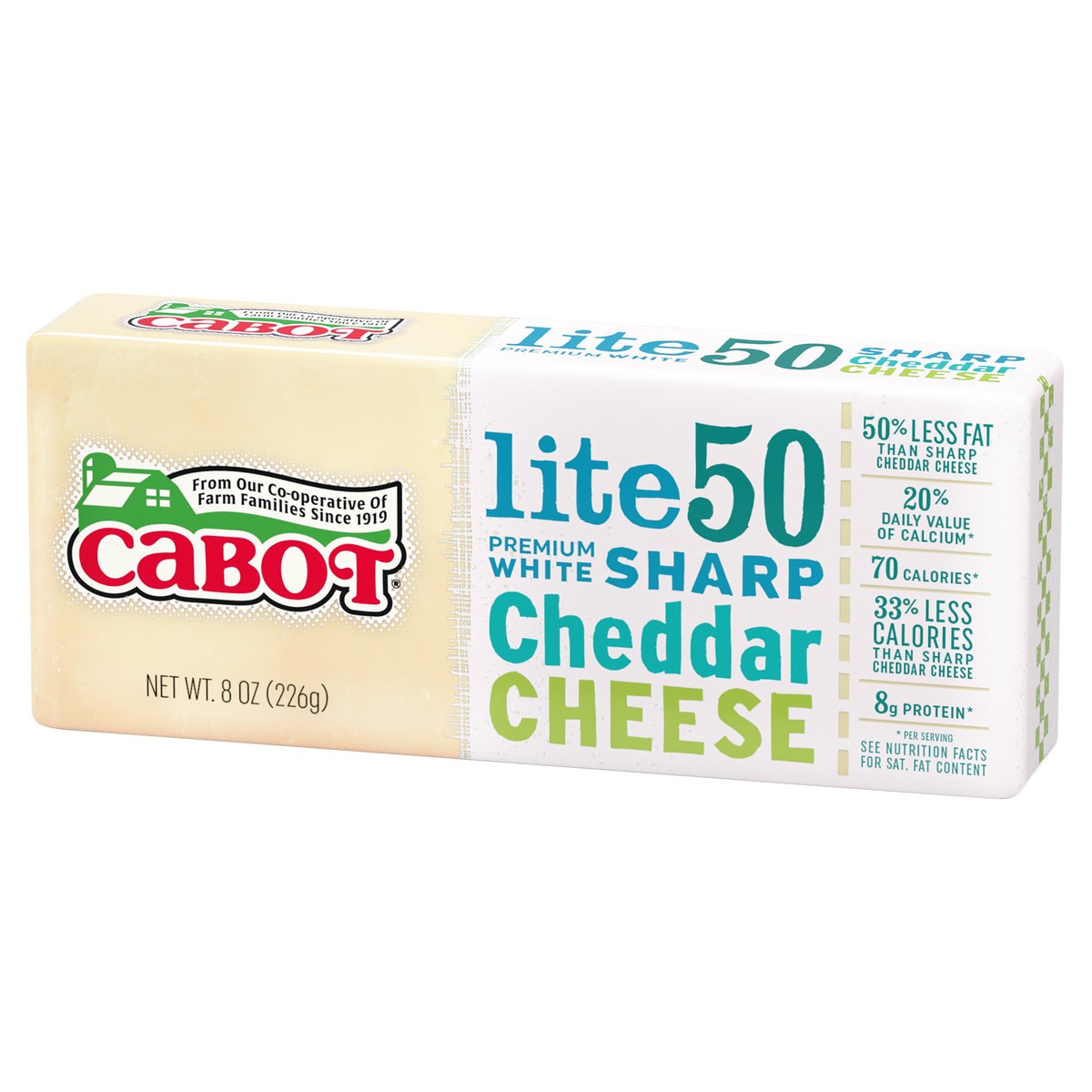 slide 1 of 1, Cabot Cheese, Sharp 50% Light White Cheddar Bar, 8 oz