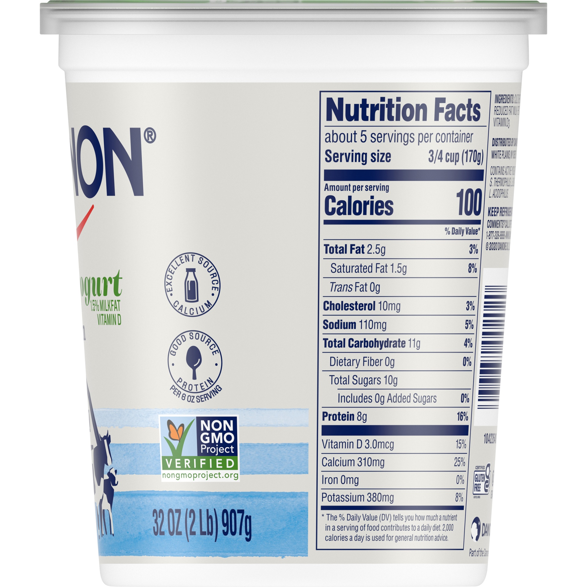 slide 2 of 7, Dannon Low Fat Non-GMO Project Verified Plain Yogurt, 32 oz
