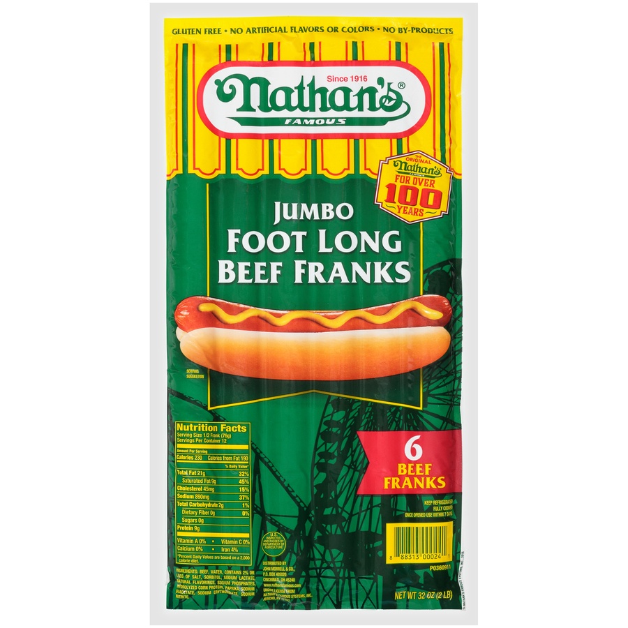 slide 1 of 1, Nathan's Famous Jumbo Foot Long Beef Franks, 6 ct; 32 oz