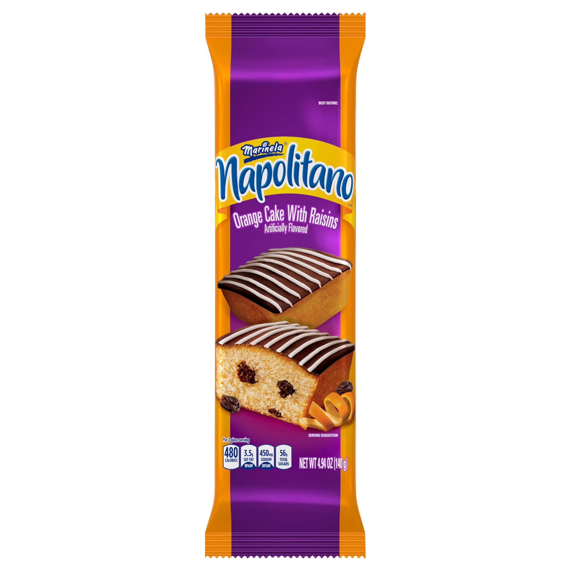 slide 1 of 11, Marinela Napolitano Orange Cake with Raisins, 2 count, Snack Cakes, 4.94 oz Bag, 2 ct