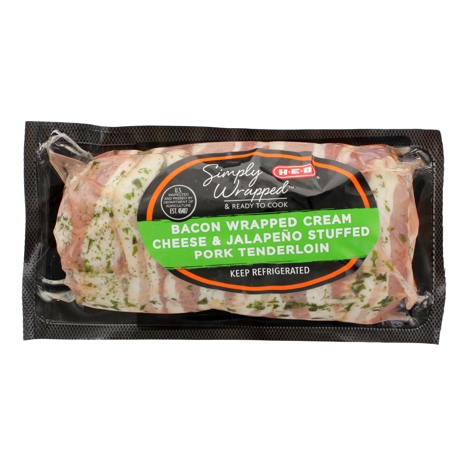 slide 1 of 1, H-E-B Simply Wrapped Bacon Pork Tenderloin - Cream Cheese & Jalapeno, 1 lb