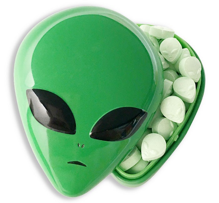 slide 1 of 1, Alien Head Tin W. Green Apple Sours Candy, 1 oz