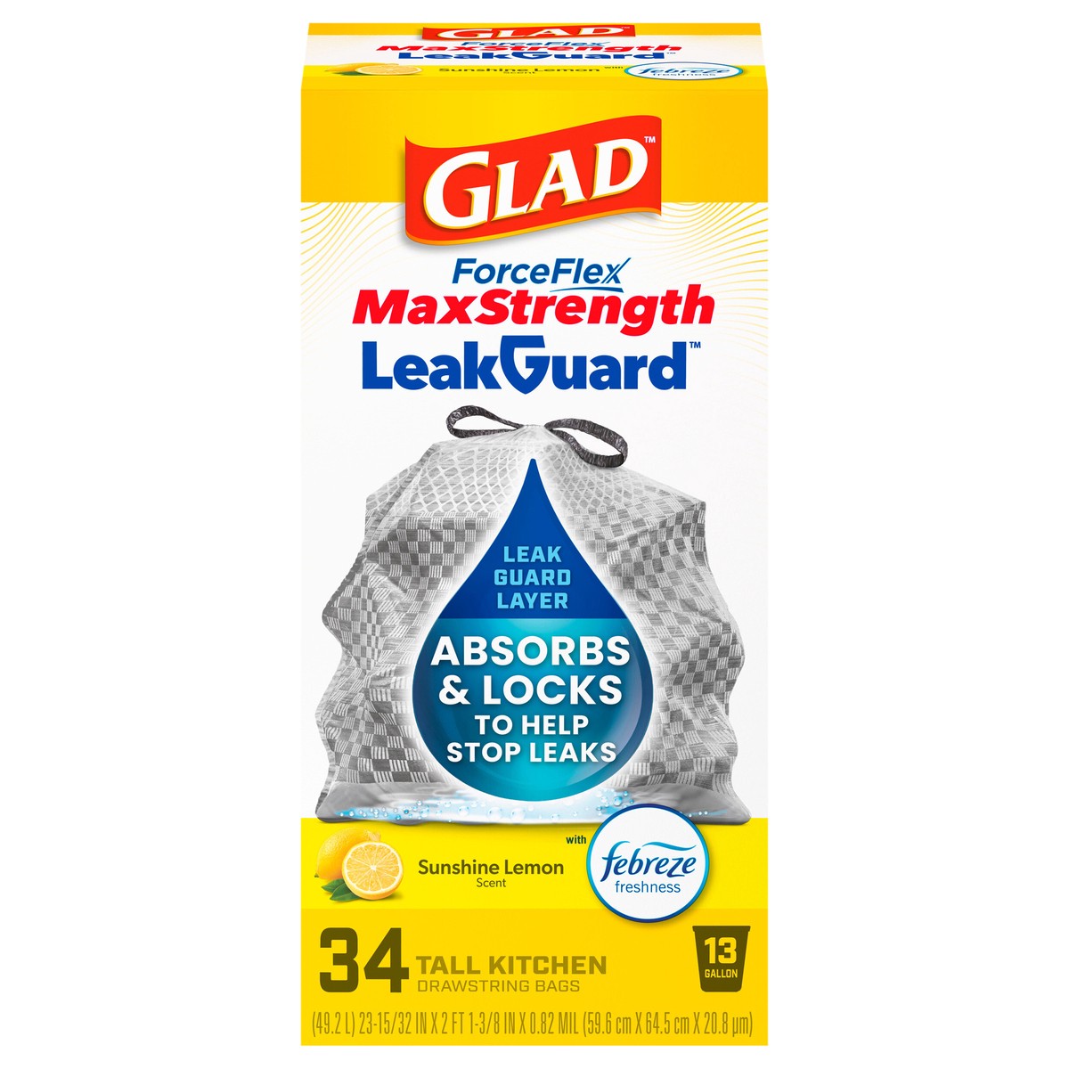 slide 1 of 14, Glad ForceFlex MaxStrength LeakGuard Tall Kitchen Drawstring Trash Bags, 13 Gallon, Sunshine Lemon Scent with Febreze Freshness, 34 Count, 34 ct