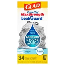 Glad ForceFlex MaxStrength LeakGuard Tall Kitchen Drawstring Trash Bags, 13 Gallon, Fresh Air with Febreze Freshness, 34 Count