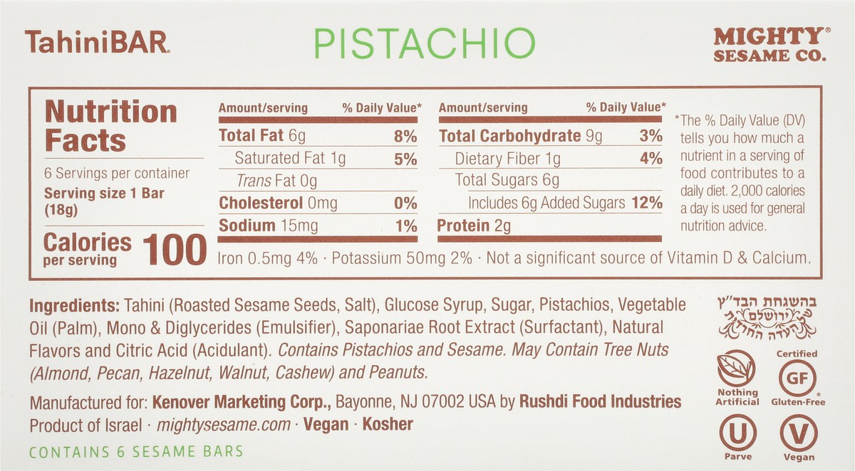 slide 8 of 9, Mighty Sesame Co. Super Seed Pistachio Sesame Bar Pack 6 - 18 g Bars, 6 ct