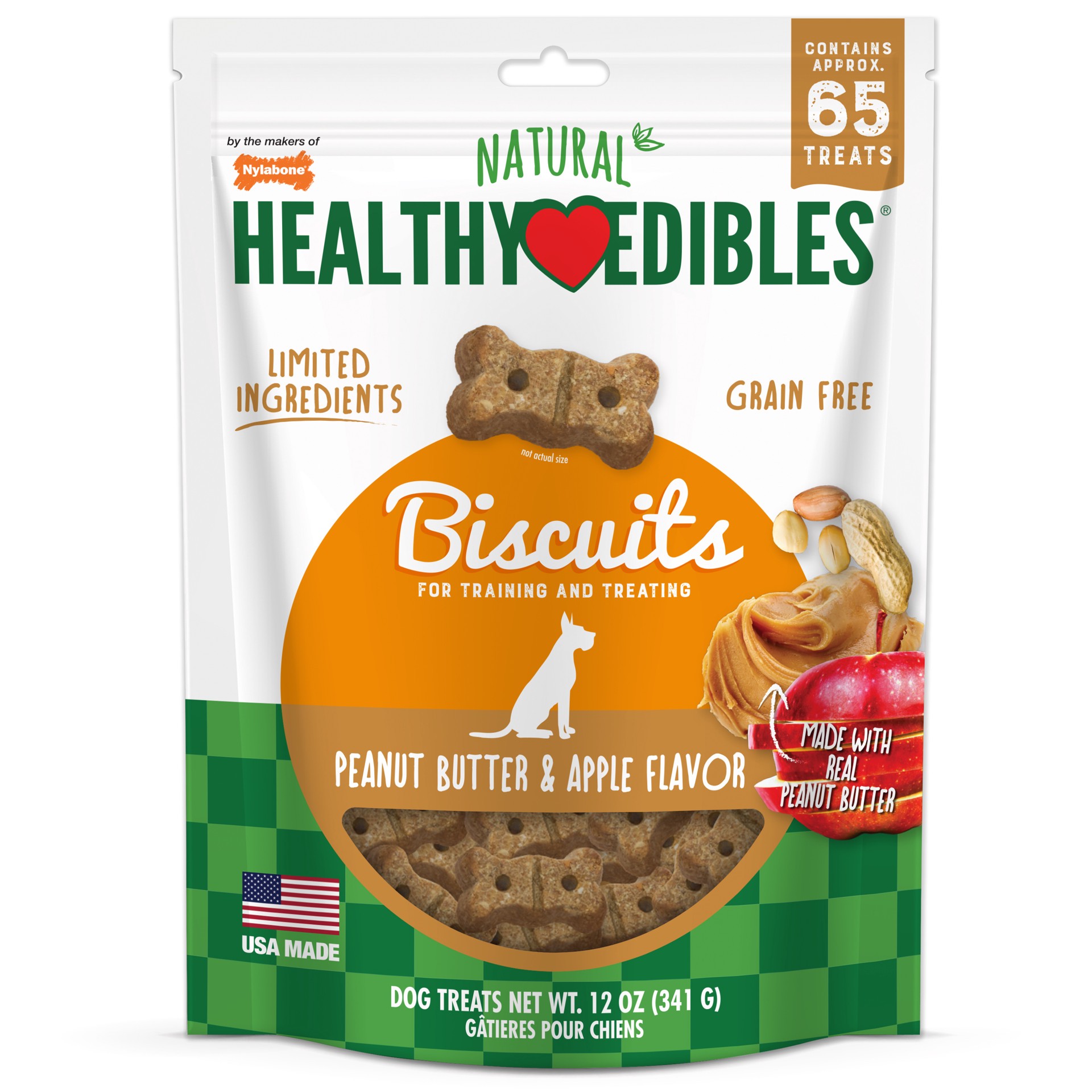 slide 1 of 10, Nylabone Healthy Edibles Biscuits Grain Free Dog Treats Peanut Butter & Apple 12 Ounce, 12 oz