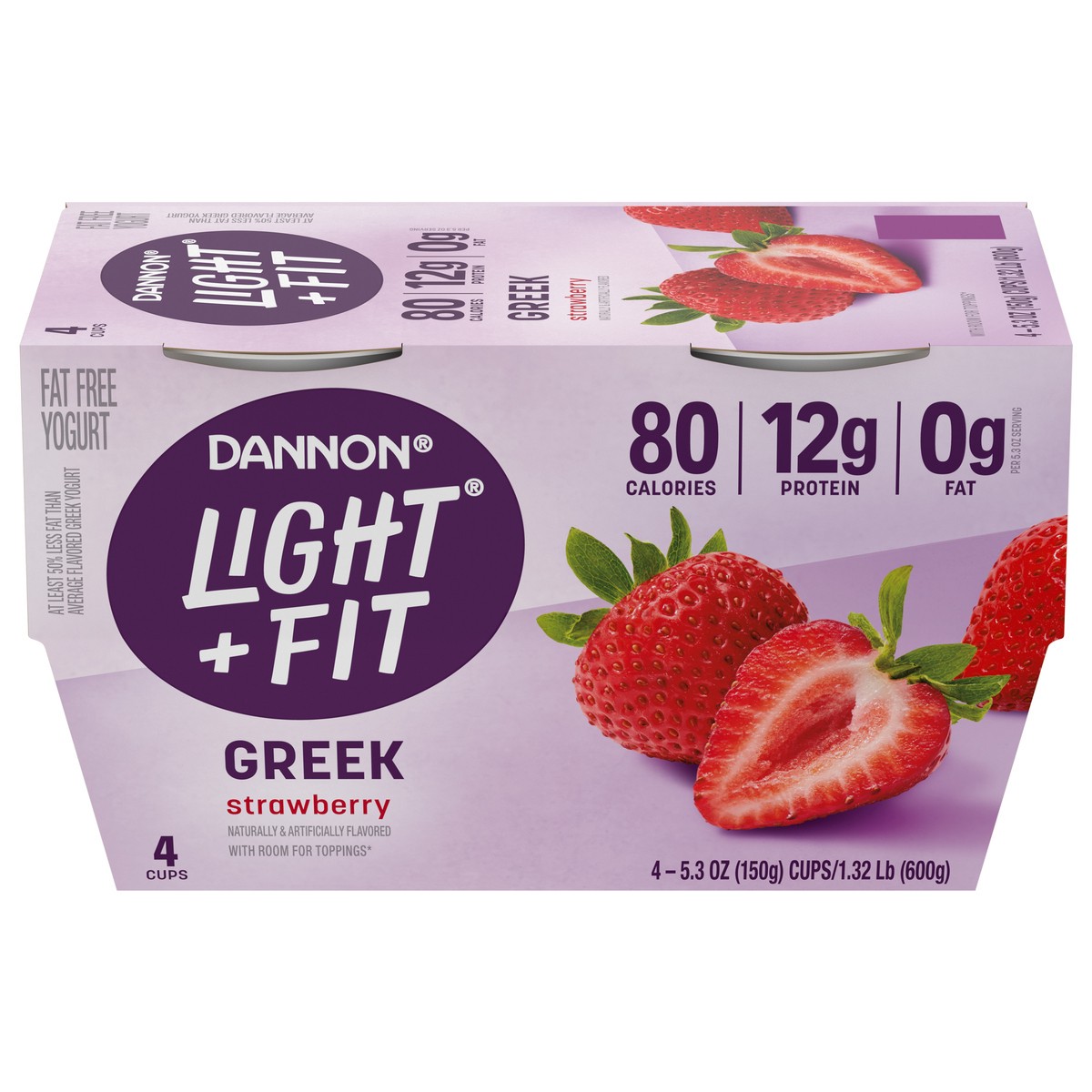 slide 1 of 5, Light + Fit Greek Strawberry Fat Free Yogurt, Creamy and Delicious Gluten Free Yogurt, 4 Ct, 5.3 OZ Yogurt Cups, 5.3 oz