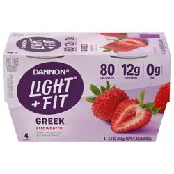 Light + Fit Greek Strawberry Fat Free Yogurt, Creamy and Delicious Gluten Free Yogurt, 4 Ct, 5.3 OZ Yogurt Cups
