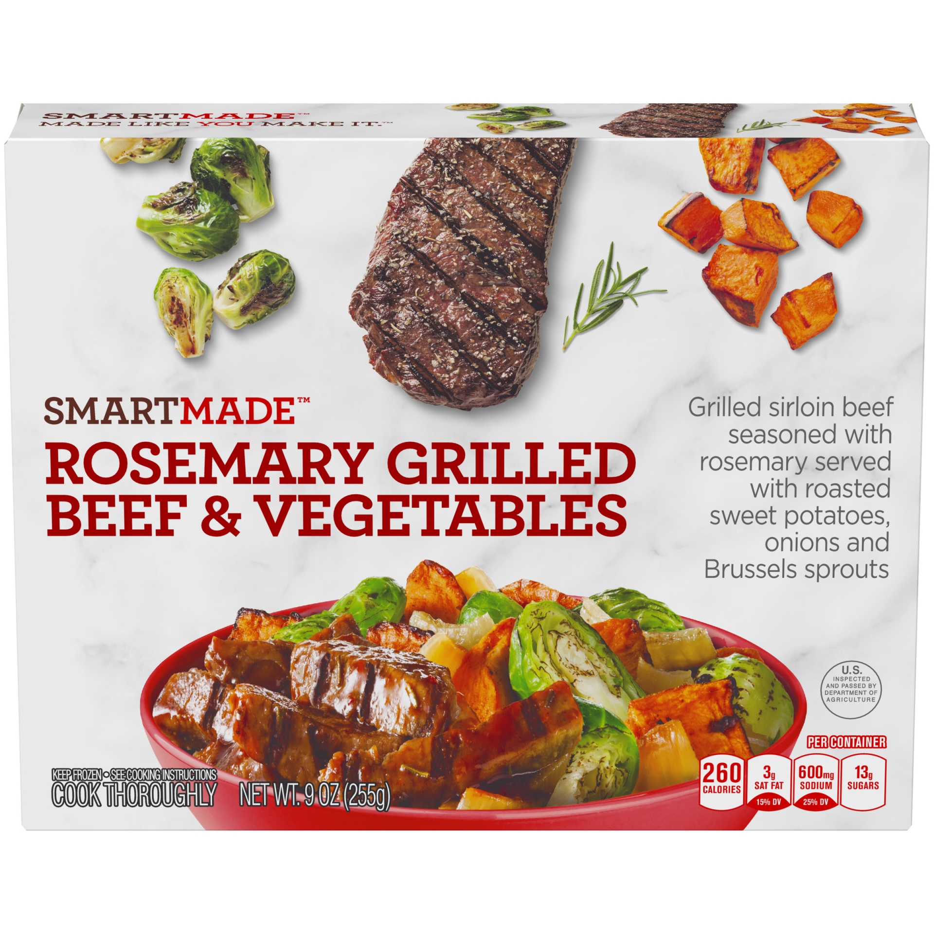 slide 1 of 2, Smart Made Rosemary Grilled Beef & Vegetables with Sweet Potatoes, Onions & Brussels Sprouts Frozen Meal, 9 oz