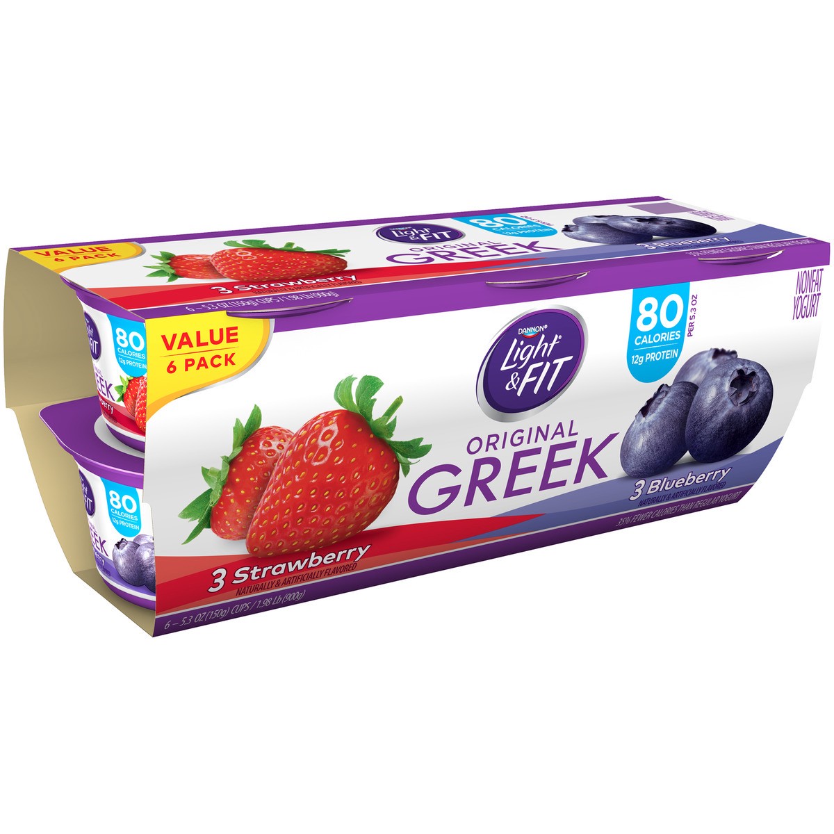 slide 2 of 8, Light + Fit Dannon Light + Fit Greek Nonfat Yogurt, Strawberry/Blueberry, Gluten-Free, 5.3 oz., 6 Pack, 5.3 oz