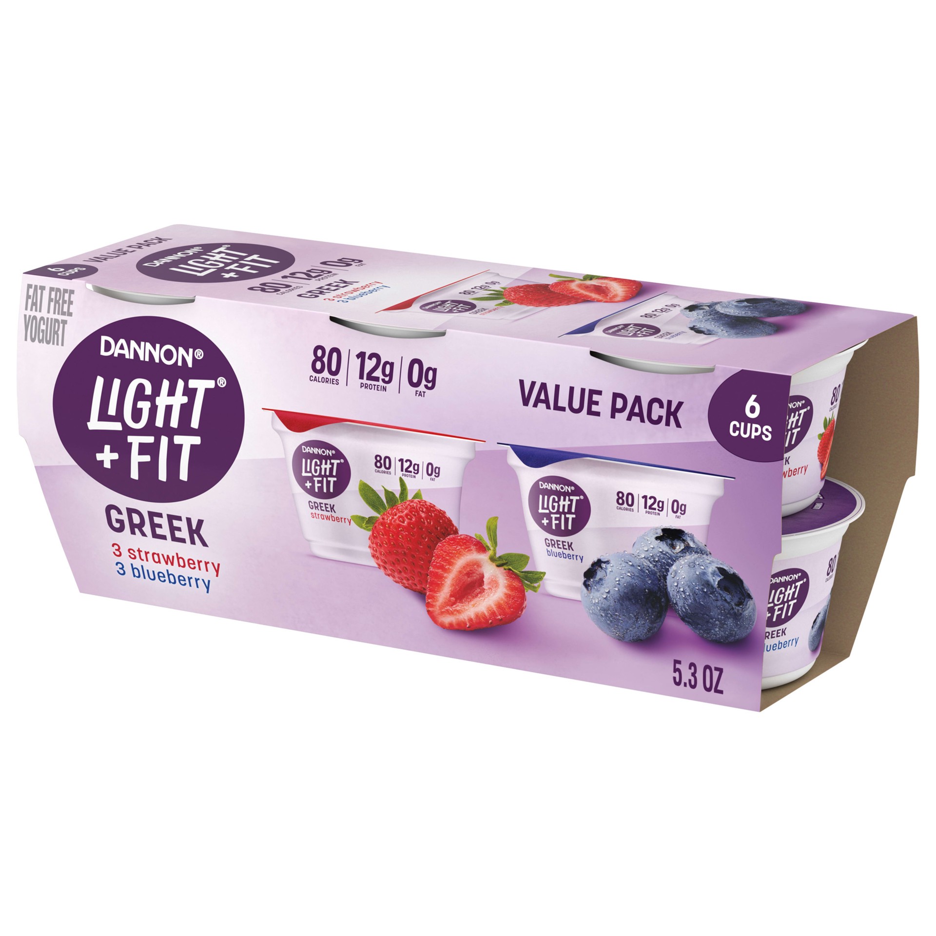 slide 1 of 8, Light + Fit Dannon Light + Fit Greek Nonfat Yogurt, Strawberry/Blueberry, Gluten-Free, 5.3 oz., 6 Pack, 5.3 oz