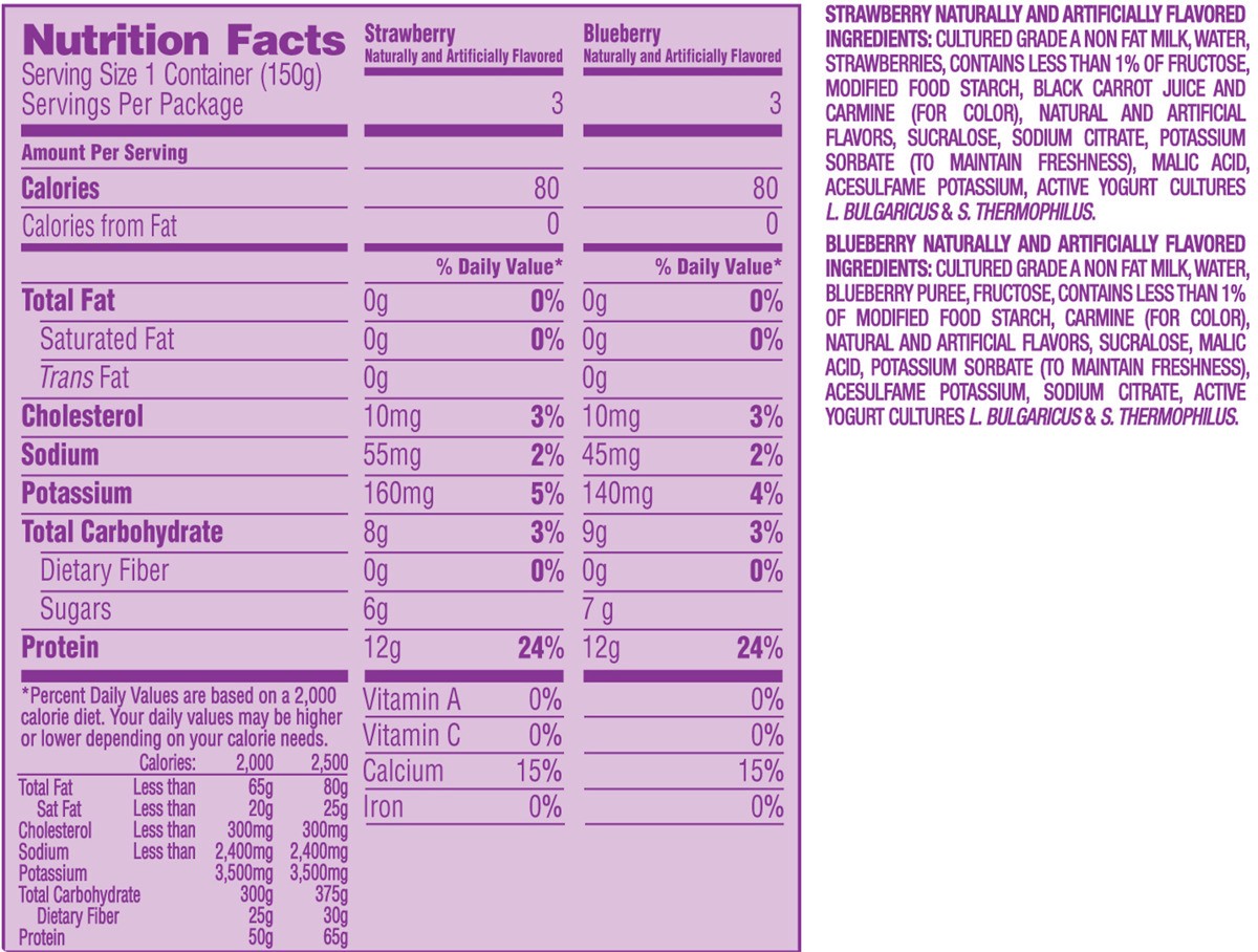 slide 3 of 8, Light + Fit Dannon Light + Fit Greek Nonfat Yogurt, Strawberry/Blueberry, Gluten-Free, 5.3 oz., 6 Pack, 5.3 oz