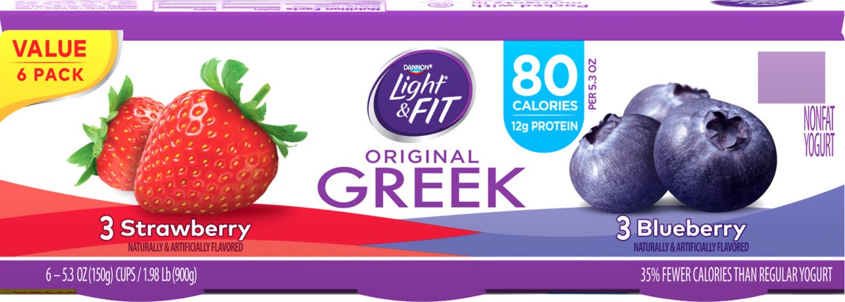 slide 4 of 8, Light + Fit Dannon Light + Fit Greek Nonfat Yogurt, Strawberry/Blueberry, Gluten-Free, 5.3 oz., 6 Pack, 5.3 oz