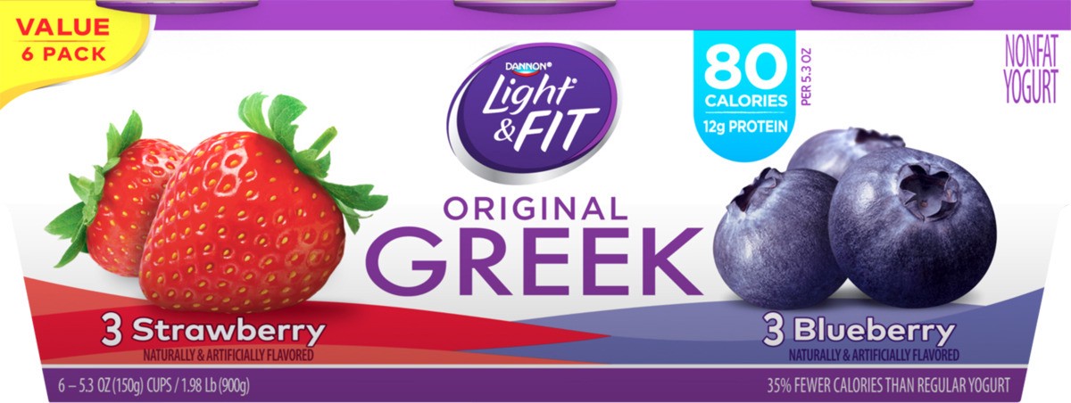 slide 5 of 8, Light + Fit Dannon Light + Fit Greek Nonfat Yogurt, Strawberry/Blueberry, Gluten-Free, 5.3 oz., 6 Pack, 5.3 oz