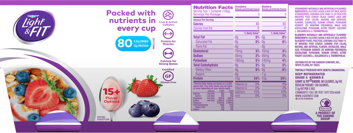 slide 8 of 8, Light + Fit Dannon Light + Fit Greek Nonfat Yogurt, Strawberry/Blueberry, Gluten-Free, 5.3 oz., 6 Pack, 5.3 oz