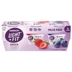 Dannon Light + Fit Strawberry and Blueberry Greek Nonfat Yogurt Pack, 6 Ct, 5.3 OZ Cups