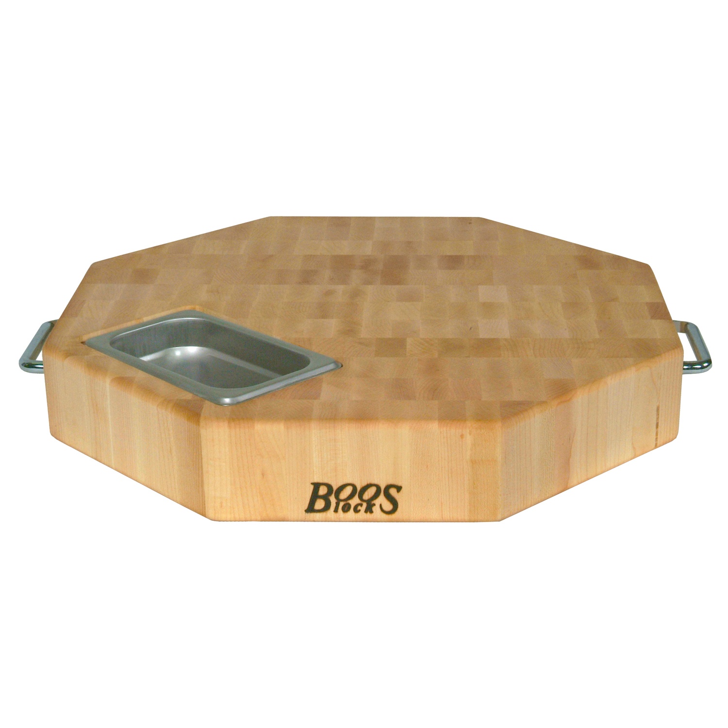 slide 1 of 1, John Boos & Co. Maple End-Grain Octagonal Chopping Block with Stainless Steel Handles and Inset Pan, 18 in x 18 in x 3 in