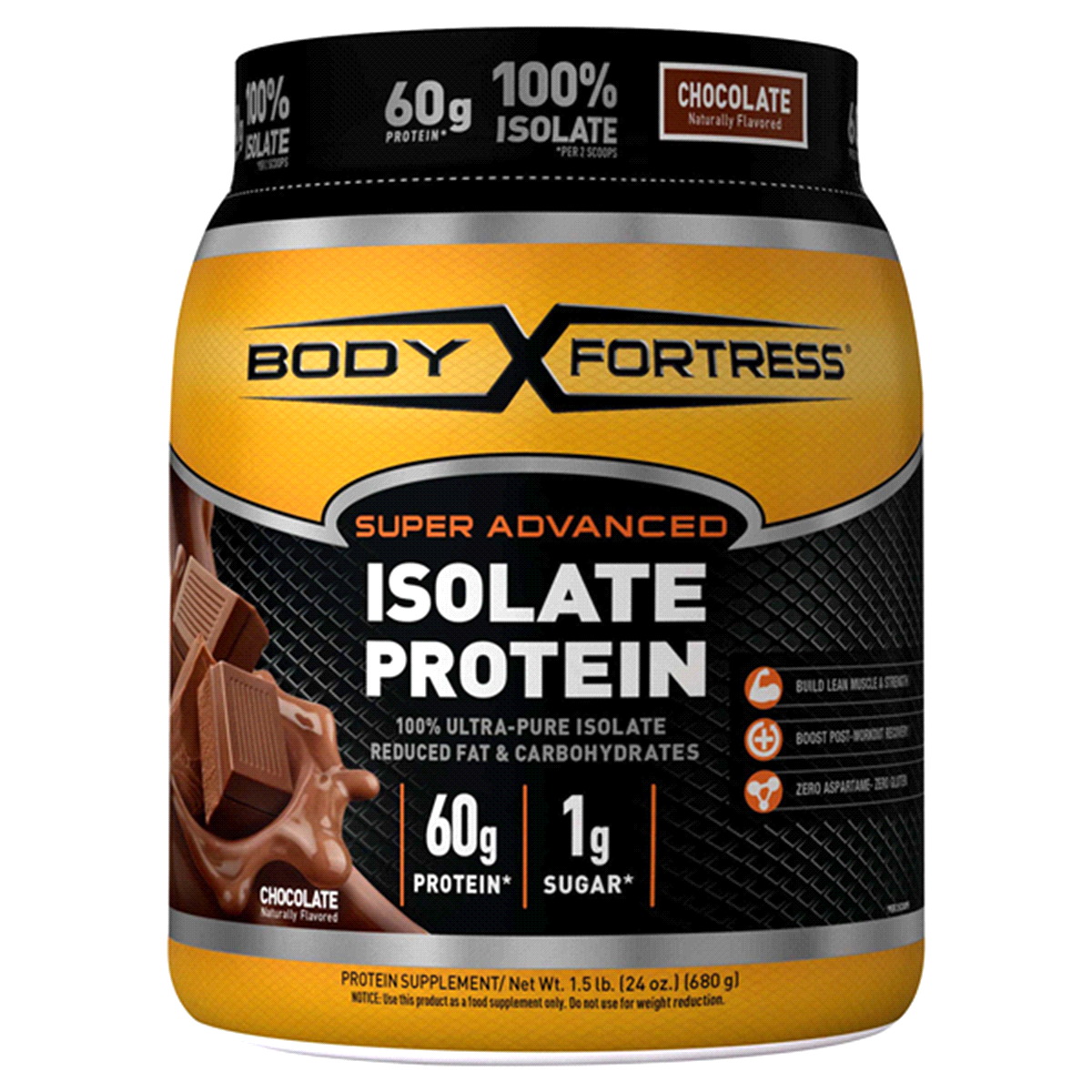 slide 1 of 1, Body Fortress Super Advanced Chocolate Isolate Protein Powder, 24 oz