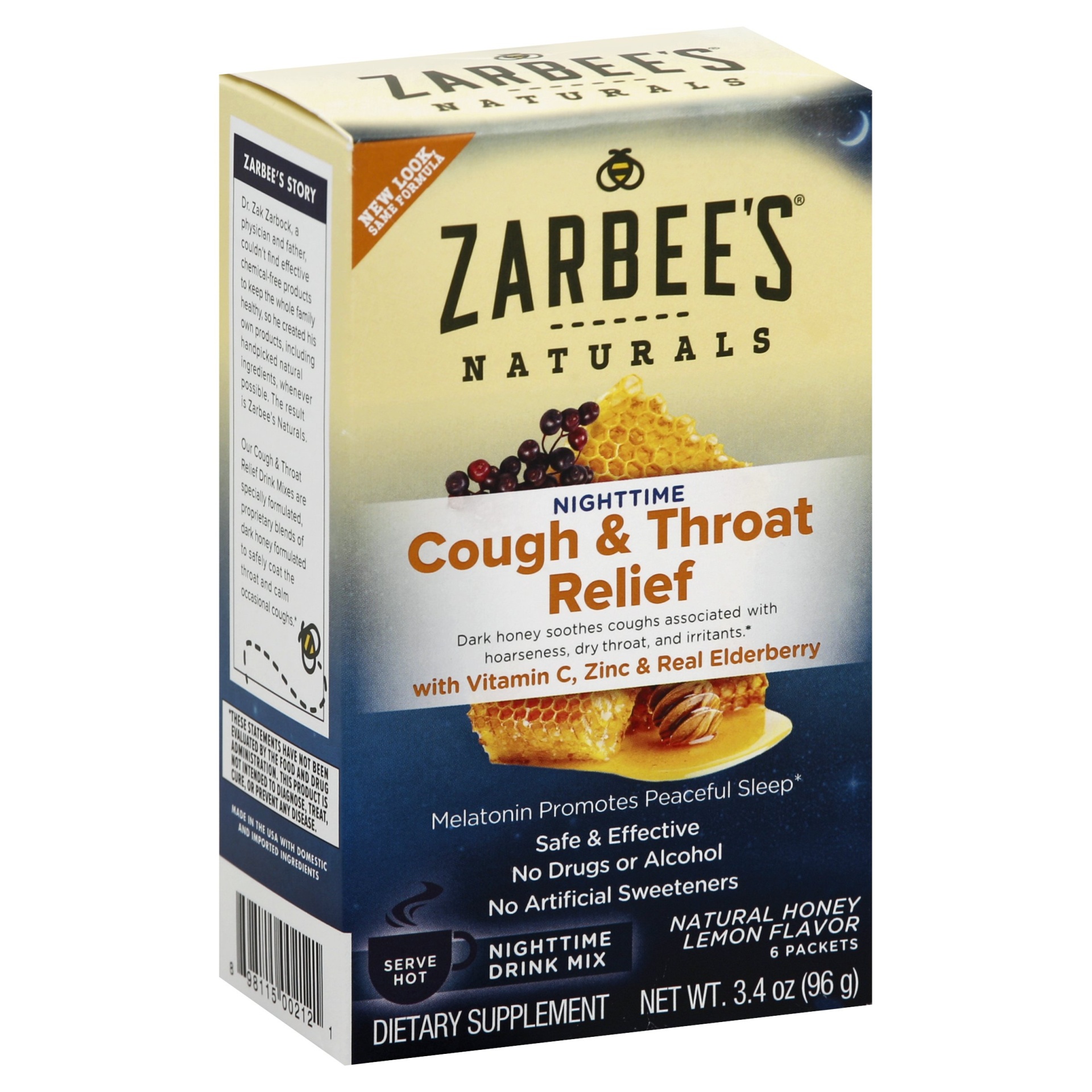 slide 1 of 1, Zarbee's Cough & Throat Relief Nighttime Drink Mix Powder - Honey Lemon, 6 ct