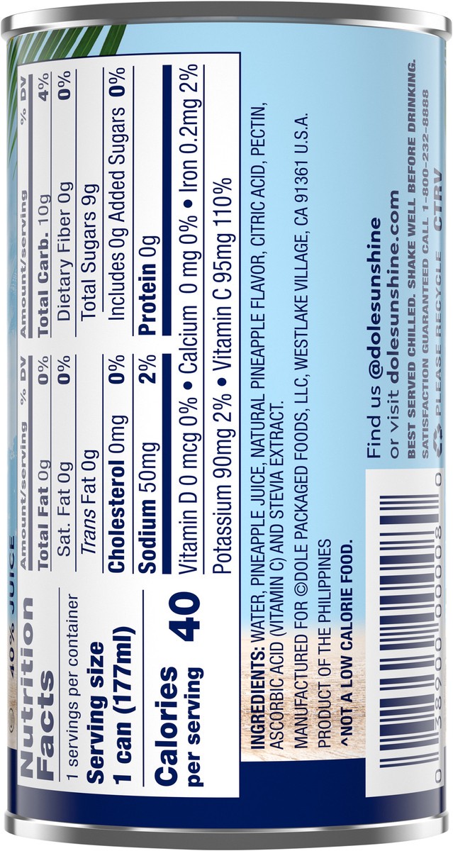 slide 5 of 14, DOLE Juice Light Pineapple Juice Drink Not From Concentrate 6oz Can Label SKU 00008 (7165616), 6 fl oz