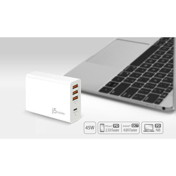 slide 2 of 3, J5Create Ac 100 63-Watt 4-Port Power Adapter, White, Jup4263, 1 ct