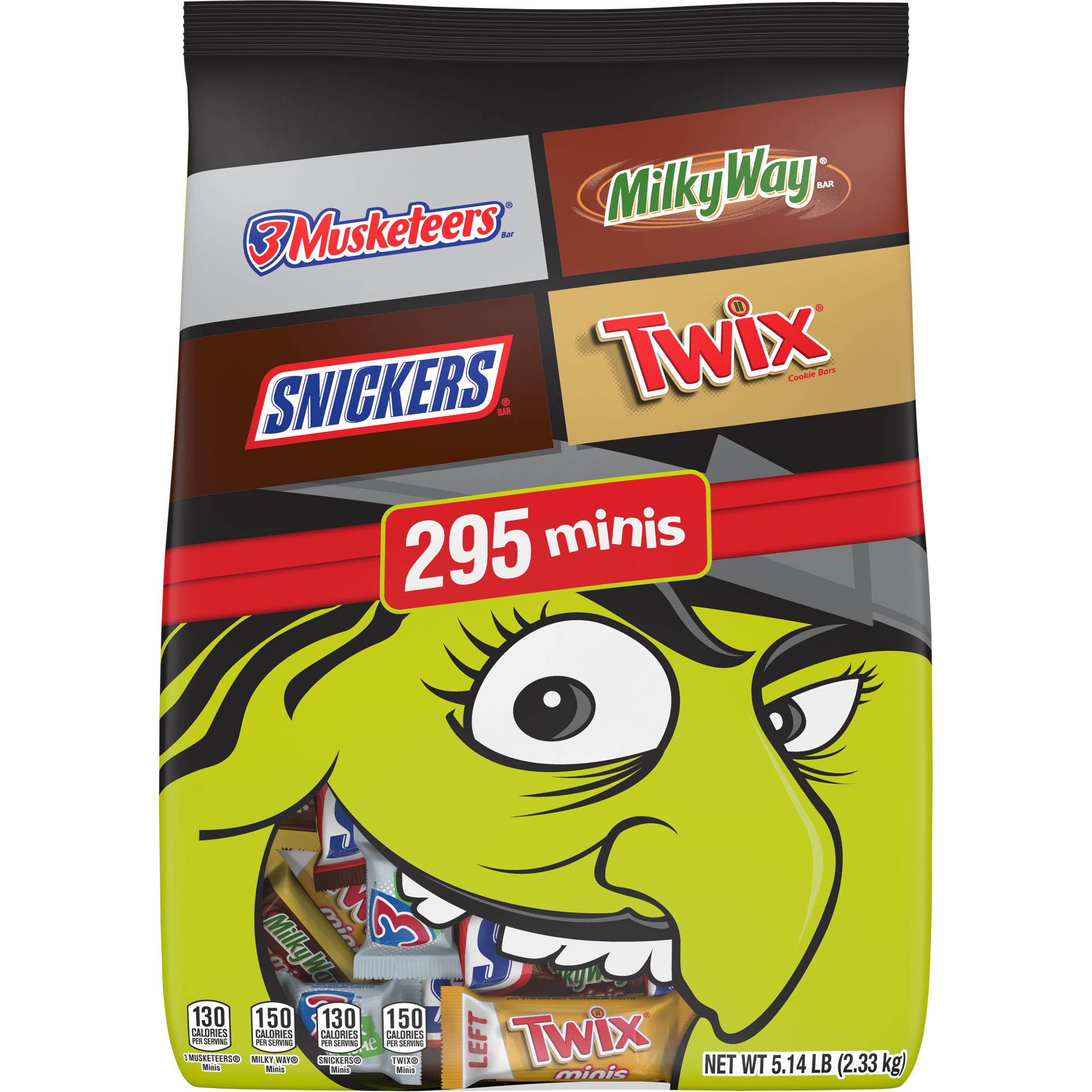 slide 1 of 8, Wrigley SNICKERS, TWIX, MILKY WAY & 3 MUSKETEERS Minis Halloween Candy Variety Pack, 295 Ct Bulk Bag, 82.36 oz