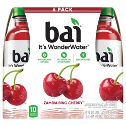 Bai Flavored Water, Zambia Bing Cherry, Antioxidant Infused Beverage, 14 fl oz Bottles, 6 Pack