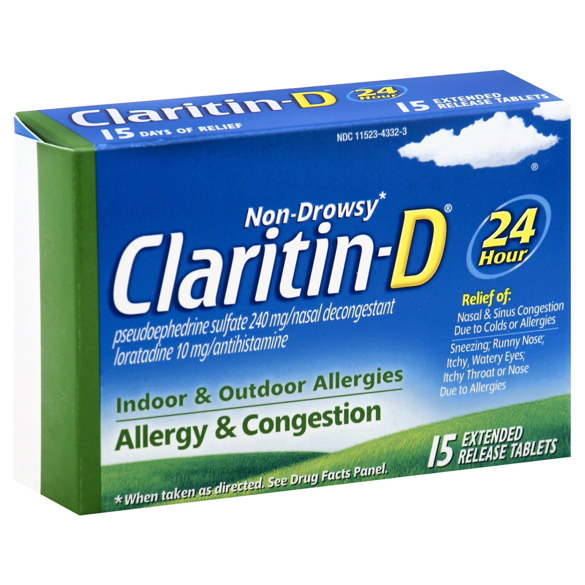 slide 1 of 1, Claritin-D Non-Drowsy Indoor & Outdoor Allergies Allergy Relief Extended Release Tablets, 15 ct