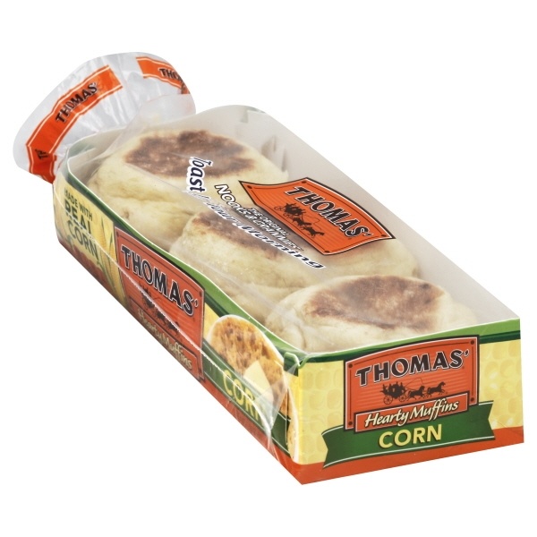 slide 1 of 1, Thomas' English Muffins, Hearty, Corn, 6 ct