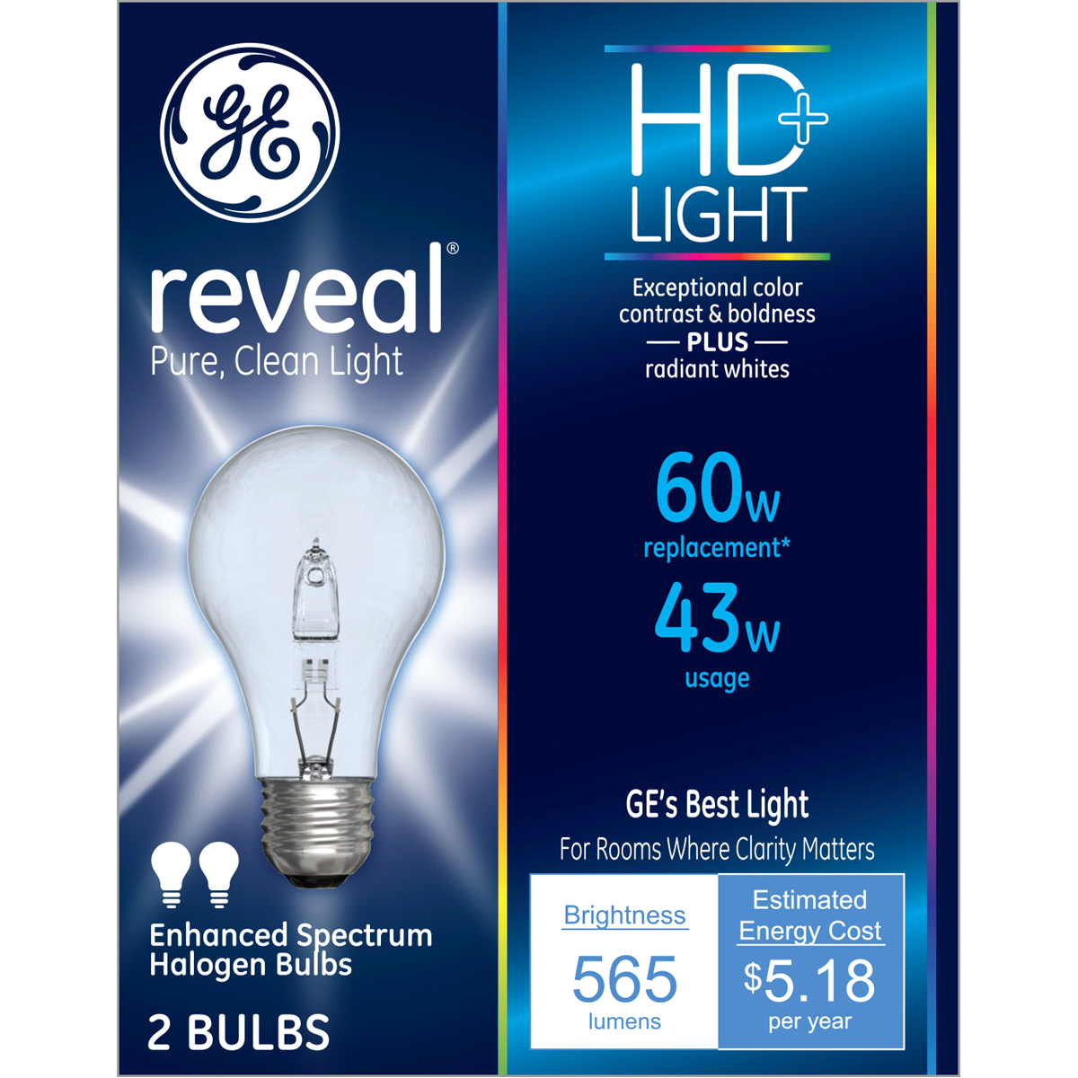 slide 1 of 1, GE 62616 Energy-Efficient Reveal Clear 43W Light Bulbs with Medium Base, 2 ct