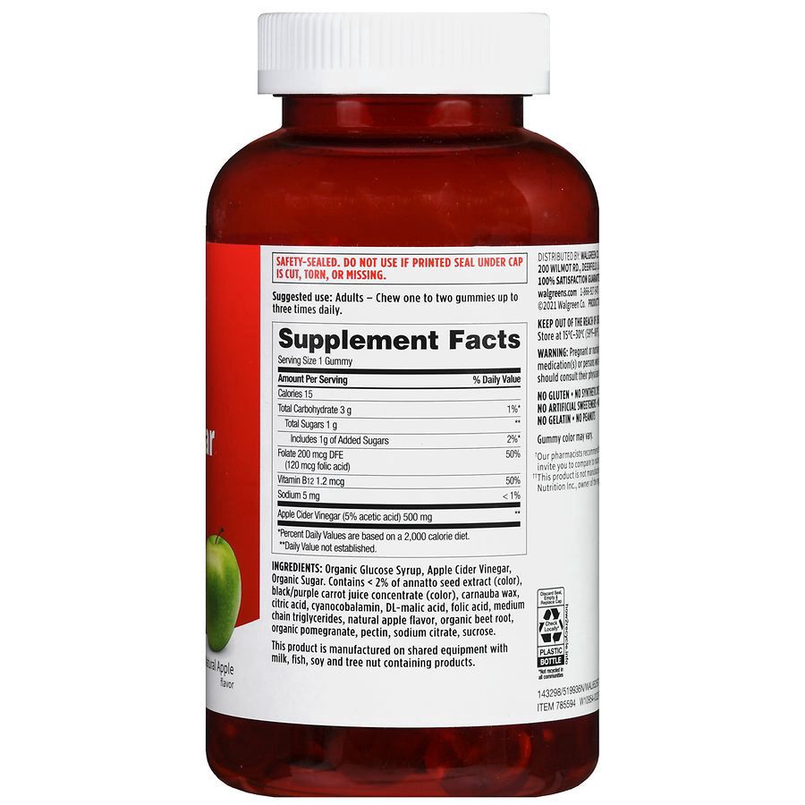 slide 5 of 5, Walgreens Apple Cider Vinegar Gummies with The Mother 500mg Natural Apple, 90 ct