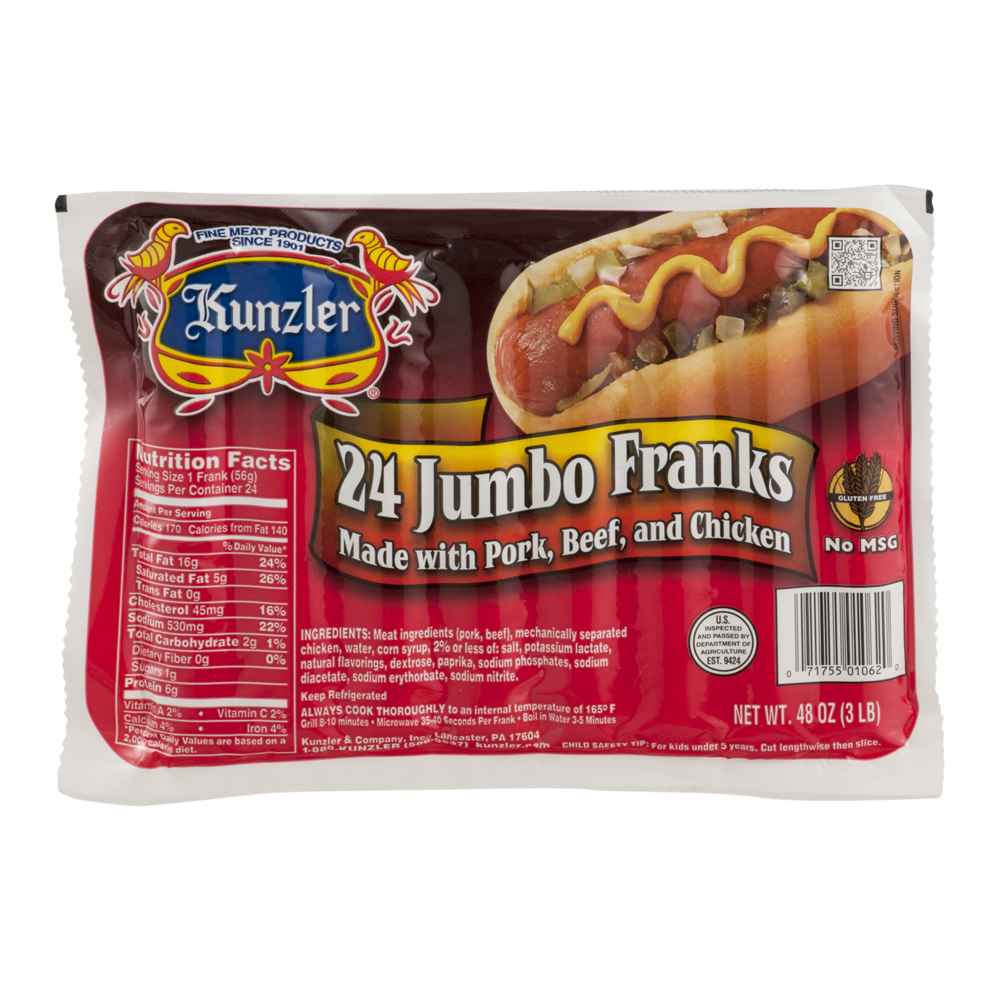 slide 1 of 1, Kunzler All Meat Jumbo Franks, 3 lb