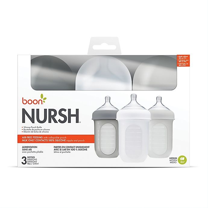 slide 9 of 9, Boon NURSH Silicone Pouch Bottle - Grey, 3 ct
