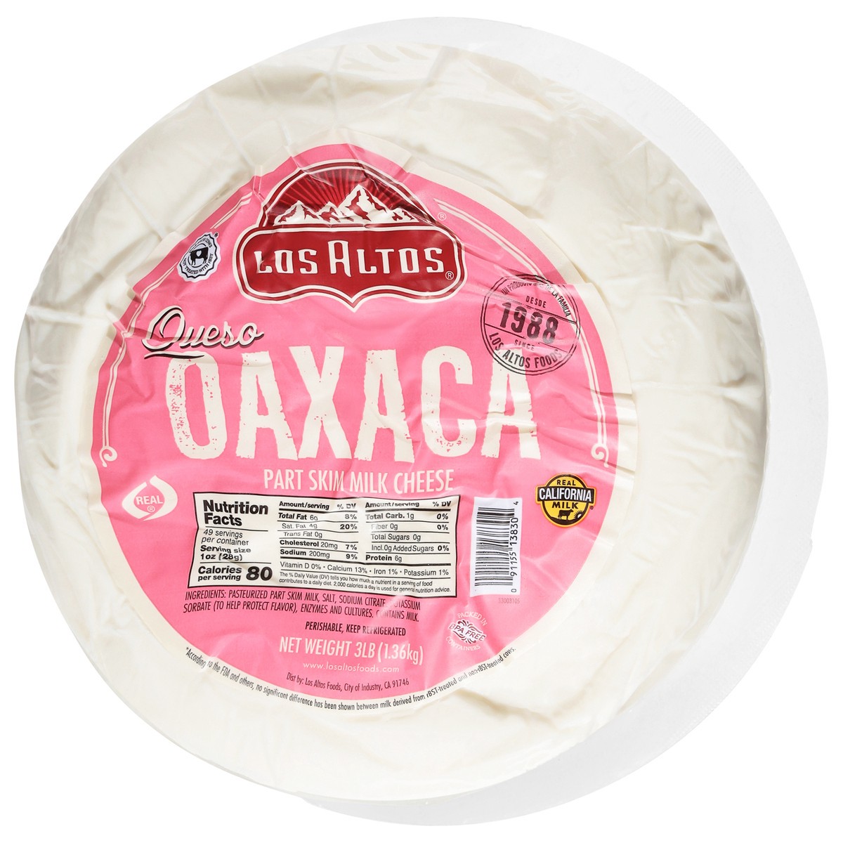 slide 4 of 4, Los Altos Queso Oaxaca Cheese 3 lb, 3 lb