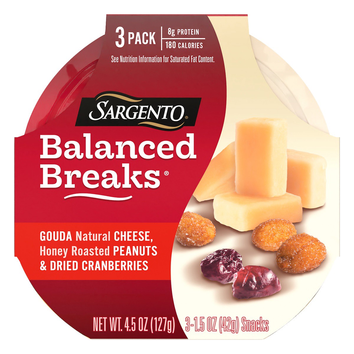 slide 1 of 9, Sargento Balanced Breaks with Gouda Natural Cheese, Honey Roasted Peanuts and Dried Cranberries, 1.5 oz., 3-Pack, 4.5 oz