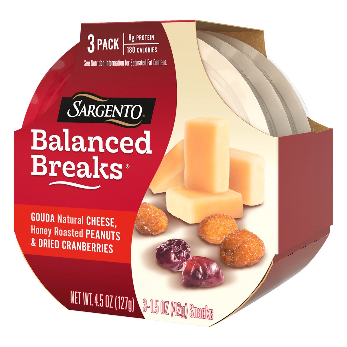 slide 3 of 9, Sargento Balanced Breaks with Gouda Natural Cheese, Honey Roasted Peanuts and Dried Cranberries, 1.5 oz., 3-Pack, 4.5 oz