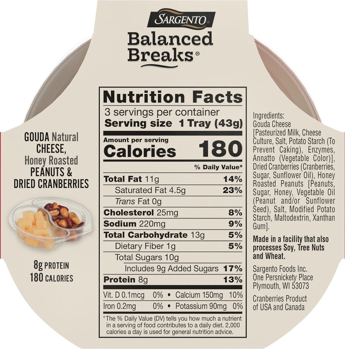 slide 4 of 9, Sargento Balanced Breaks with Gouda Natural Cheese, Honey Roasted Peanuts and Dried Cranberries, 1.5 oz., 3-Pack, 4.5 oz