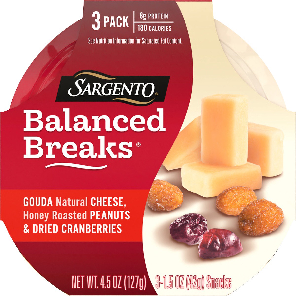 slide 6 of 9, Sargento Balanced Breaks with Gouda Natural Cheese, Honey Roasted Peanuts and Dried Cranberries, 1.5 oz., 3-Pack, 4.5 oz