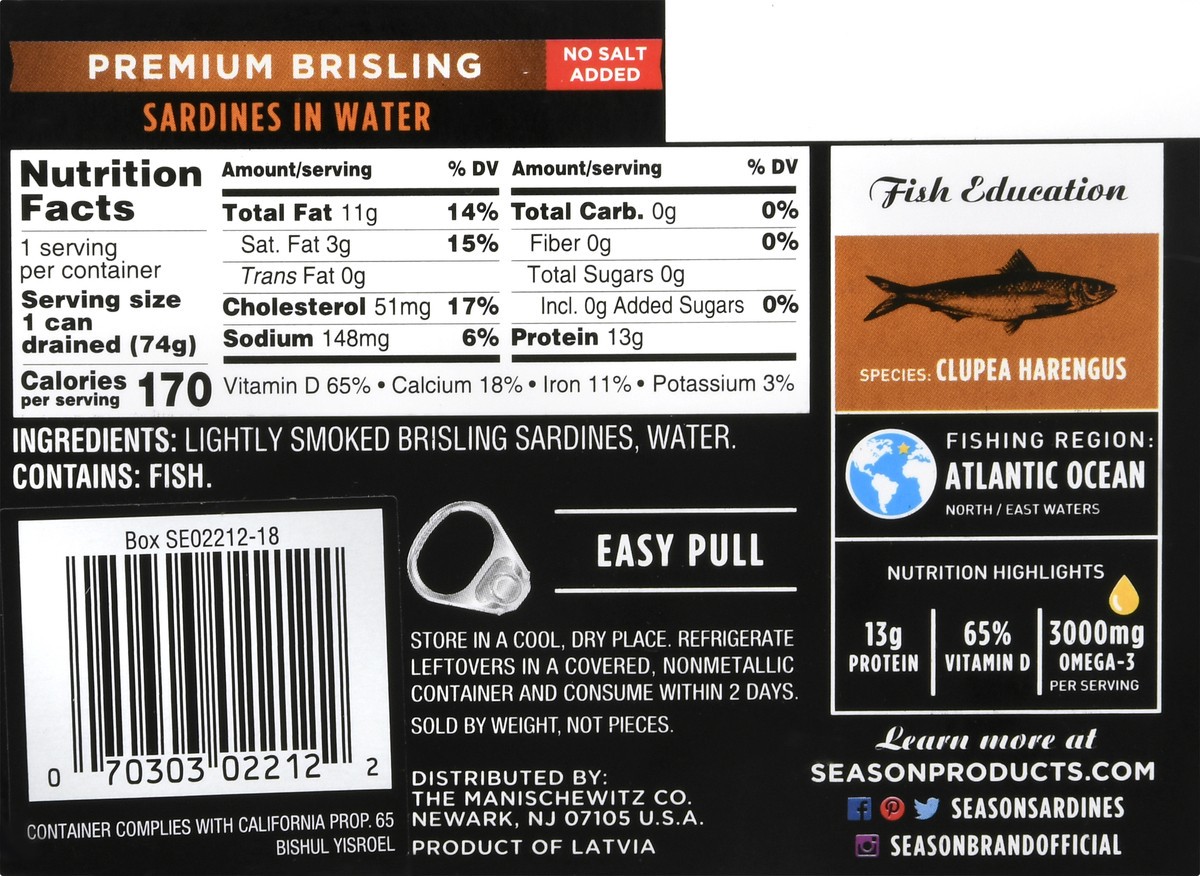 slide 8 of 9, Season Premium Brisling Sardines in Water 3.75 oz, 3.75 oz