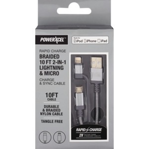 slide 1 of 1, PowerXcel Rapid Charge Braided 10ft 2-In-1 Lightning & Micro Charge & Sync Cable, Silver, 1 ct