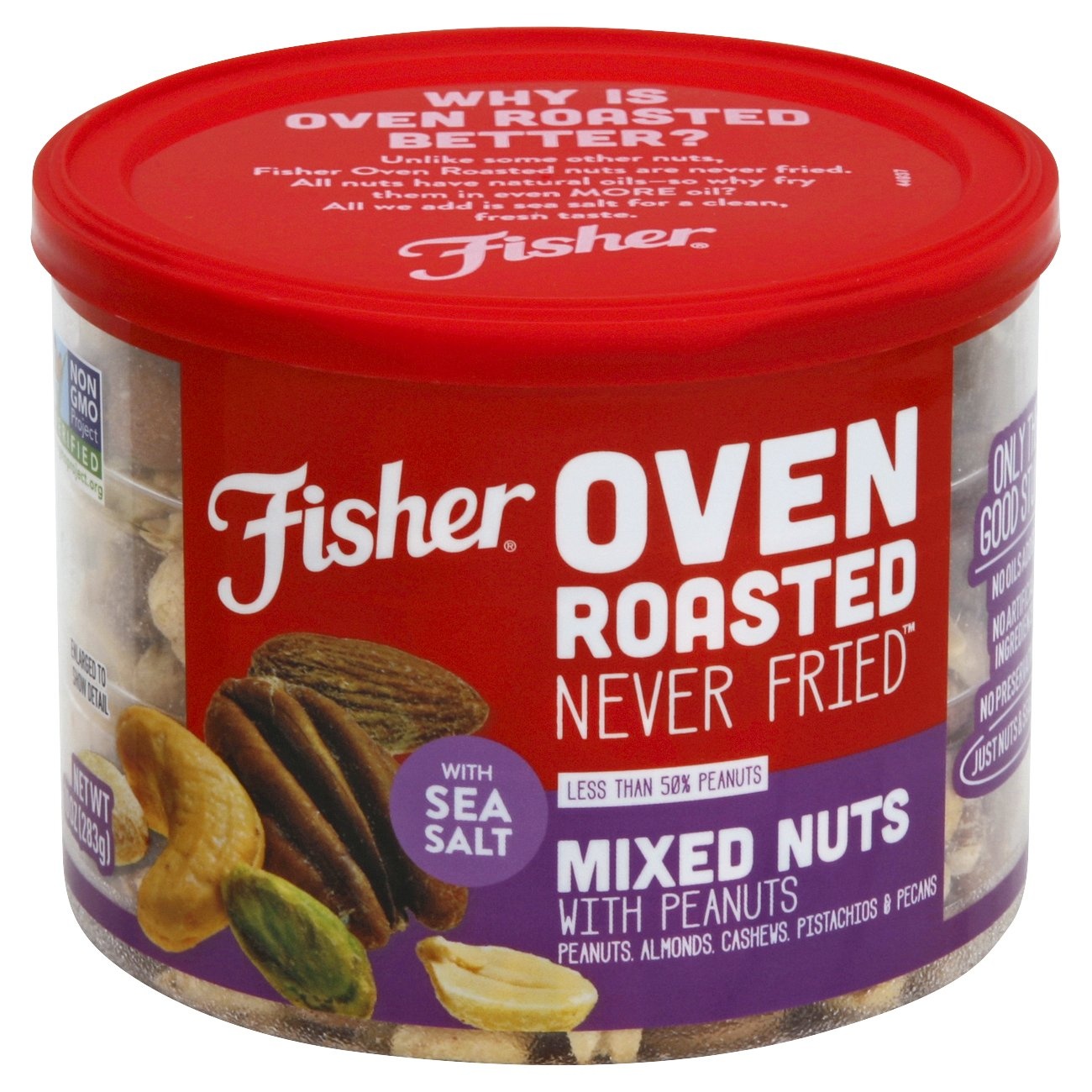 slide 1 of 6, Fisher Oven Roasted Never Fried Mixed Nuts With Peanuts With Sea Salt, 10 oz